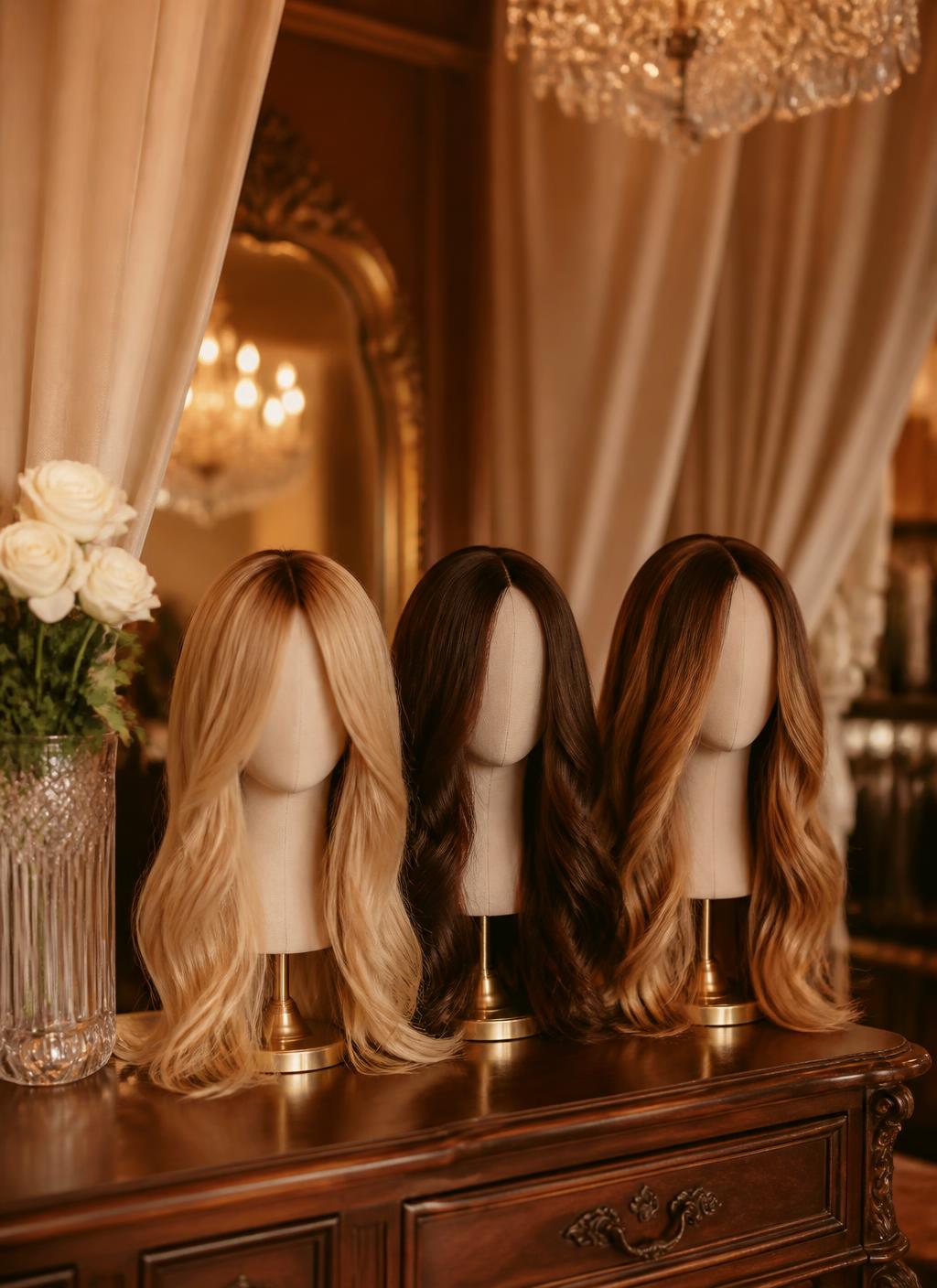 Wigs styled and displayed inside The Sheital Room studio